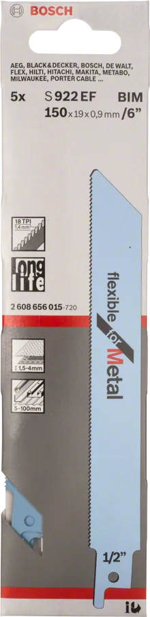 Bosch S 922 EF flexibel reciprozaagblad voor metaal – 5 stuks (150 mm)
