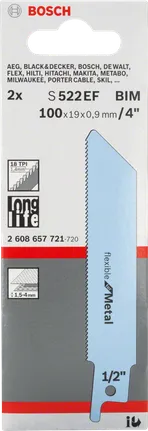 Bosch S 522 EF flexibel reciprozaagblad voor metaal – 5 stuks (100 mm)