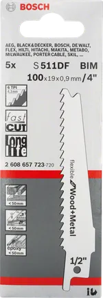 Bosch S 511 DF reciprozaagblad voor hout &amp; metaal – 5 stuks (100 mm)
