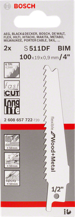 Bosch S 511 DF reciprozaagblad voor hout &amp; metaal – 2 stuks (100 mm)