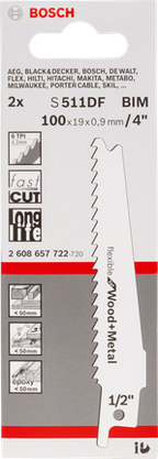 Bosch S 511 DF reciprozaagblad voor hout &amp; metaal – 2 stuks (100 mm)