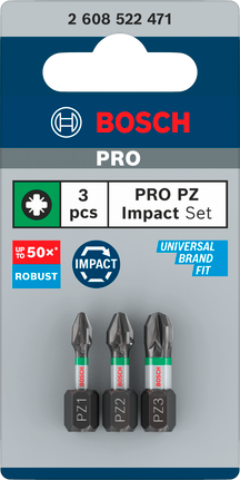 Bosch PRO PZ Impact Bit Set – 25 mm (PZ1, PZ2, PZ3, 3-delig)