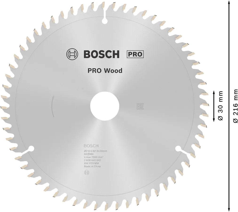 Bosch PRO Wood cirkelzaagblad, 216 x 2,8 x 30 mm, T60