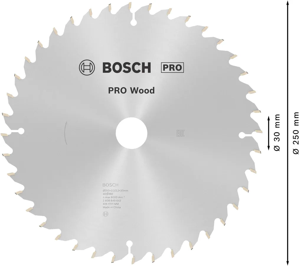 Bosch PRO Wood cirkelzaagblad, 250 x 3,2 x 30 mm, T40