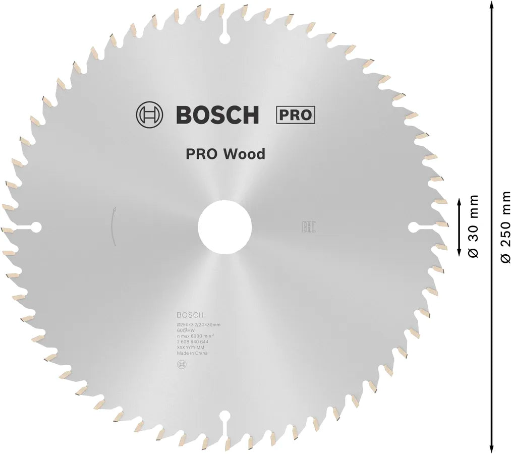 Bosch PRO Wood cirkelzaagblad, 250 x 3,2 x 30 mm, T60