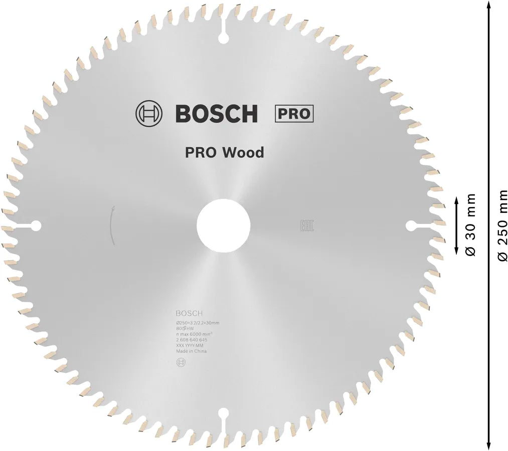 Bosch PRO Wood cirkelzaagblad, 250 x 3,2 x 30 mm, T80
