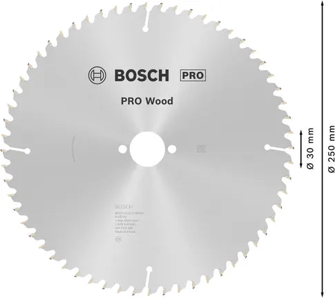 Bosch PRO Wood Cirkelzaagblad – 250 x 3,2 x 30 mm, T60