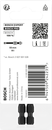 Bosch PRO Robertson Slagschroefbits – R1, 55 mm (2 stuks)