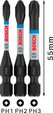 Bosch PRO Phillips Slagschroefbitset PH1, PH2, PH3, 55 mm (3-delig)