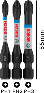 Bosch PRO Phillips Slagschroefbitset PH1, PH2, PH3, 55 mm (3-delig)