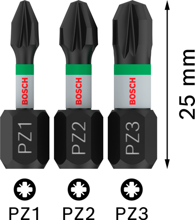 Bosch PRO PZ Impact Bit Set – 25 mm (PZ1, PZ2, PZ3, 3-delig)