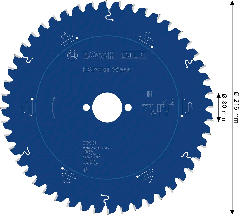 Bosch EXPERT Wood cirkelzaagblad, 216 x 2,4/1,8 x 30 mm, T48